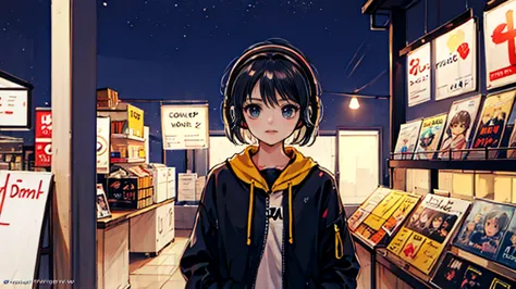 black short hair, night, black jacket, one woman, street, record shop, headphones