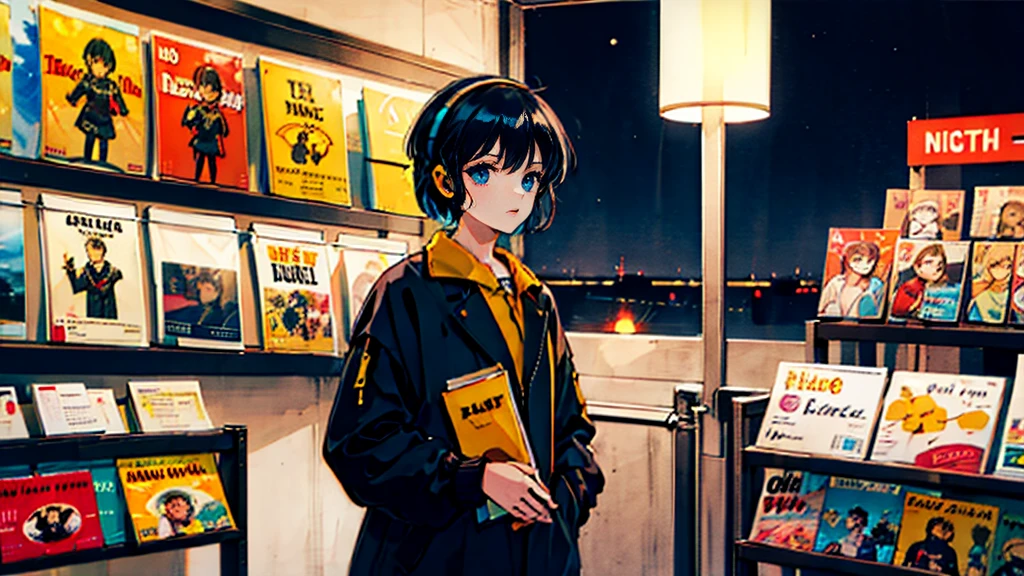 Black short Hair, night, black jacket, One Woman, street, record shop, Headphones