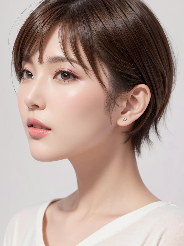 (highest quality、Tabletop、8k、Best image quality、Award-winning works)、((profile:1.4))、ear、((short hair:1.46)),(Brown Hair)、(White casual clothes:1.2)、(The simplest pure white background:1.3)、(Perfectly fixed in front:1.1),(Portrait with space:1.2)、Beautiful and detailed、Perfect Makeup、Ultra-high definition beauty face、Ultra HD Hair、Ultra-high definition sparkling eyes、Ultra-high quality glossy lips、Accurate anatomy、Very beautiful skin、(Pure white skin shining in ultra-high resolution:1.1)、(Very bright:1.2),Big Natural Color Lip、Lip gloss,harajuku、cute、Cute Beauty