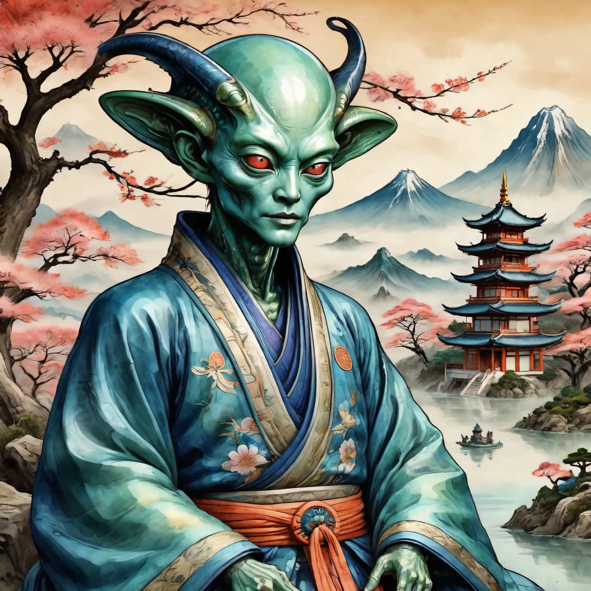 Alien dressed a Ming Dynasty style, painted in traditional Japanese style, spring meditation, in Japanese wonderland, Stylized watercolor, highly detailed graphic, complex illustration, complex, complex contrast, HDR, sharp, soft cinematic volumetric lighting, vivid colours