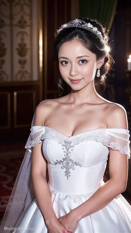 young girl in wedding dress and updo, off-shoulder neckline, and a long veil. her face is young and innocent, looks like a . she...