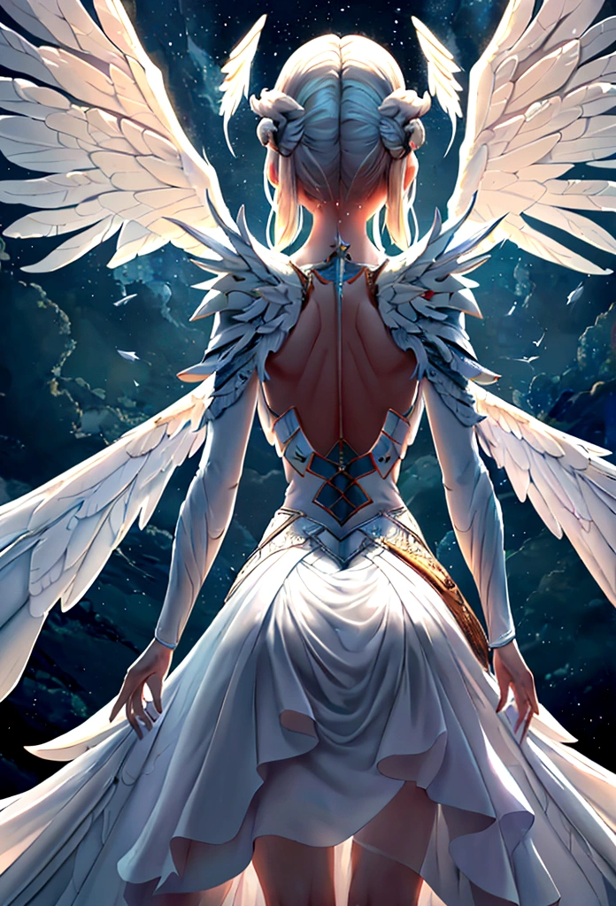 (a back view model shot taken from the rear: 1.5), female angel (Masterpiece, intense details: 1.3), paladin, holy warrior, short blond hair, determined face, full body, armed with sword, holy symbol, (wearing white armor: 1.3), (wings sprouting from the back: 1.3) spread large feathered wings, majestic wings, white angelic wings, moon light, moon, stars, clouds, cemetery background, anatomically correct (Masterpiece, intense details: 1.3), god rays, cinematic lighting, glowing light, photorealism, panoramic view, Wide-Angle, Ultra-Wide Angle, 16k, highres, best quality, high details, ultra detailed, masterpiece, best quality, (extremely detailed), arafed, dnd art, armored dress