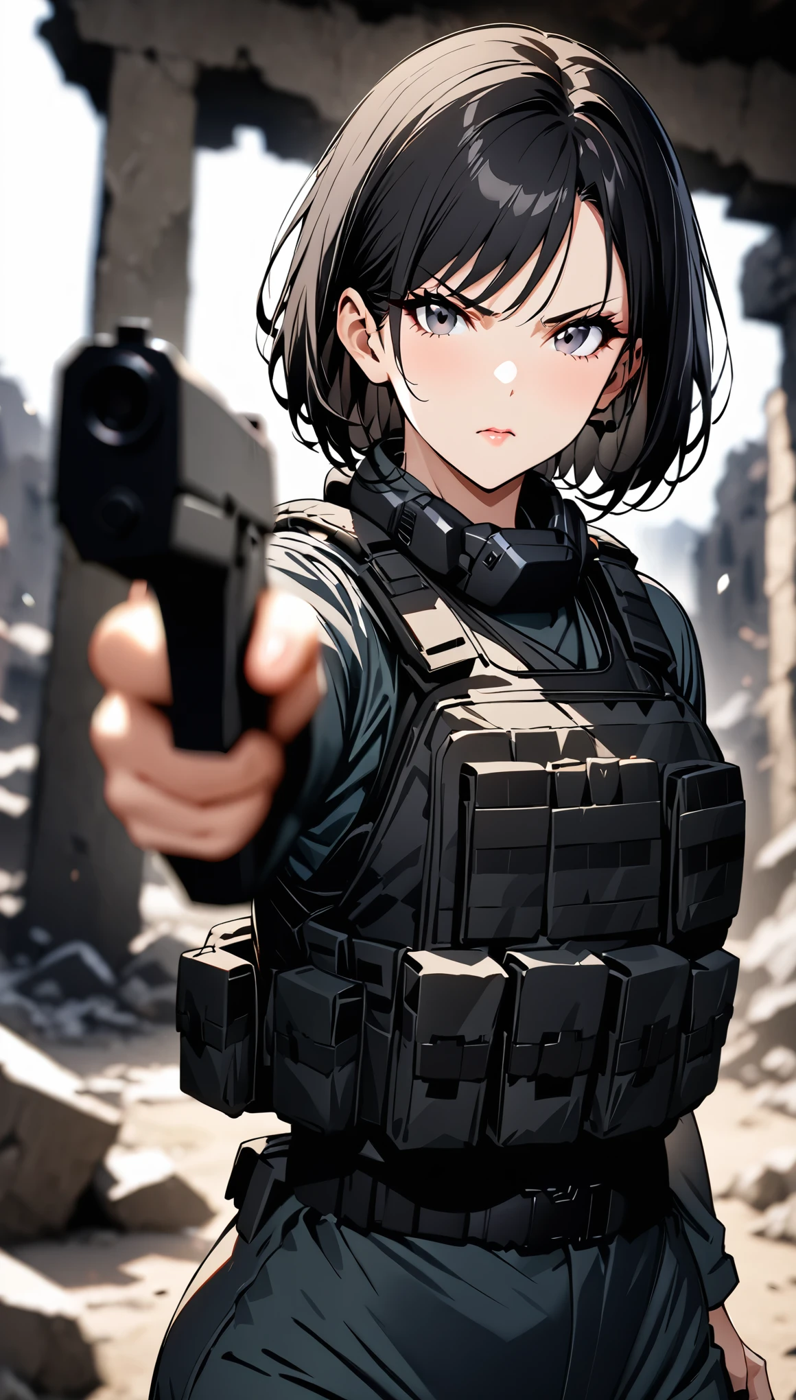 ((masterpiece)),((highest quality)),((High resolution)),((Very detailed)),One woman,48 years old,Mature Woman,Japanese,Black Hair,Short Bob,Beautiful Eyes,Long eyelashes,Beautiful Hair,Beautiful Skin,Serious,BREAK(((pointing pistol))),Handgun,SWAT Uniforms,black bulletproof vest, Combat Boots, Black Tactical Forster,Tactical Headset,((Dark ruins in the background)),(((Background Blur)))