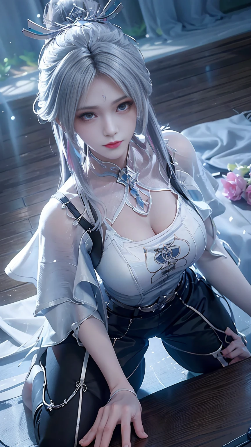 a white hair、Close-up of miss wearing white mask, Beautiful character painting, guweiz, Gurwitz style artwork, White-haired god, author：Yang Jie, Epic and beautiful character art, Stunning character art, author：Fan Qi, by Wuzhun Shifan, pixiv Art Street Guviz, Single ponytail, insult, High Ponytail, Tall and big, Long legs, (sleeveless lace shirt), (shorts), (Striped )), ((Striped )), Walk, elegant, dignified, miss, Beautiful curves, sweet smile, Strong sense of detail and layering, Rich and colorful color, Has a unique texture, rich and colorful, color, vivid, Design Art, 16K, Super detailed, {{illustration}}, {Extremely refined}, {Exquisite surface treatment}, Super detailed, Delicate and shining eyes, {{Light}}, 极致灯Light效果, Model: realism, CFG size: 12, Laura: Bright texture (1.35), high quality, masterpiece, Exquisite facial features, Delicate hair depiction, Detailed depiction of the eyes, masterpiece, best quality, Light line tracing, Extremely detailed CG unified 8k wallpaper, masterpiece, best quality, (1 girl), Perfect body, (((tight white t shirt))), beautiful eyes, (Delicate face), Black short hair, Tie your hair up, Light blue hairpin, Black silk frame glasses, in class, (White skin), (Optimal Lighting), (Super intricate details), 4k unity, (Super detailed CG), Showing off her white legs, , Hot Pants, shorts,性感Long legs, Thin waist, Sweat is running down my waist, Showing belly, Extremely detailed depiction, Pink Hair, Asymmetrical bangs, Transparent clothes, Hands on thighs, 把目Light移开, 8k resolution, Raise an eyebrow, shiny hair, Flower head, Wristbands, bandage，Leather sexy pose, simple grey background, Climbing towards the audience, kitten pose, On all fours,