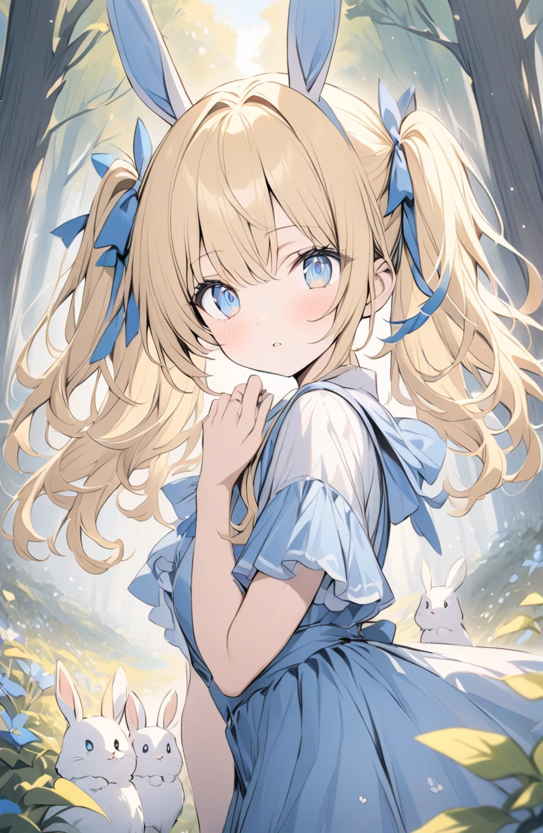 (masterpiece:1.2),(anime),、Rabbit and girl、Fairy tale world、cute、Girl surrounded by rabbits、in the forest、Pale colors、Light production、Twin tails、Blue Hair、blue attire、((Blonde、Blue Eyes))