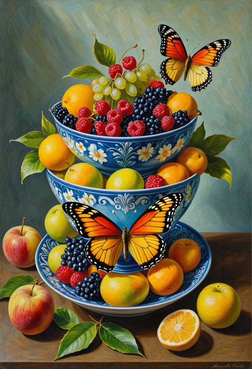 Gemälde von einem Schmetterling und einer Blume in einer Obstschale, inspiriert von Maria Sibylla Merian, von Jeff Miracola, leuchtend buntes Öl auf Leinwand, inspiriert von Marianne North, surreales Öl auf Leinwand, inspiriert von Yves Tanguay, Öl auf Leinwand detailliert, Ölgemälde auf Leinwand, inspiriert von Thomas Hart Benton, Gemälde Öl auf Leinwand