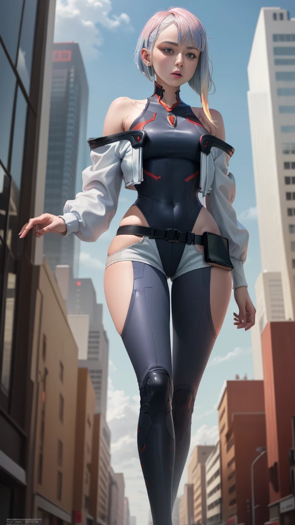 masterpiece, best quality, High resolution, Female Giant, Lu 1, , Colorful hair, cosmetic, Bare shoulders, Black tights, high leg jumpsuit, (Thong:1.1), White jacket, open jacket, belt, shorts, Cowboy shooting, Cyberpunk, walk, in the city