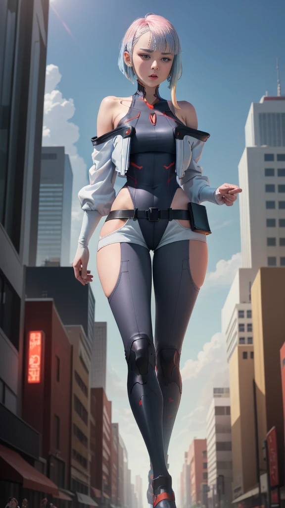 masterpiece, best quality, High resolution, Female Giant, Lu 1, , Colorful hair, cosmetic, Bare shoulders, Black tights, high leg jumpsuit, (Thong:1.1), White jacket, open jacket, belt, shorts, Cowboy shooting, Cyberpunk, walk, in the city