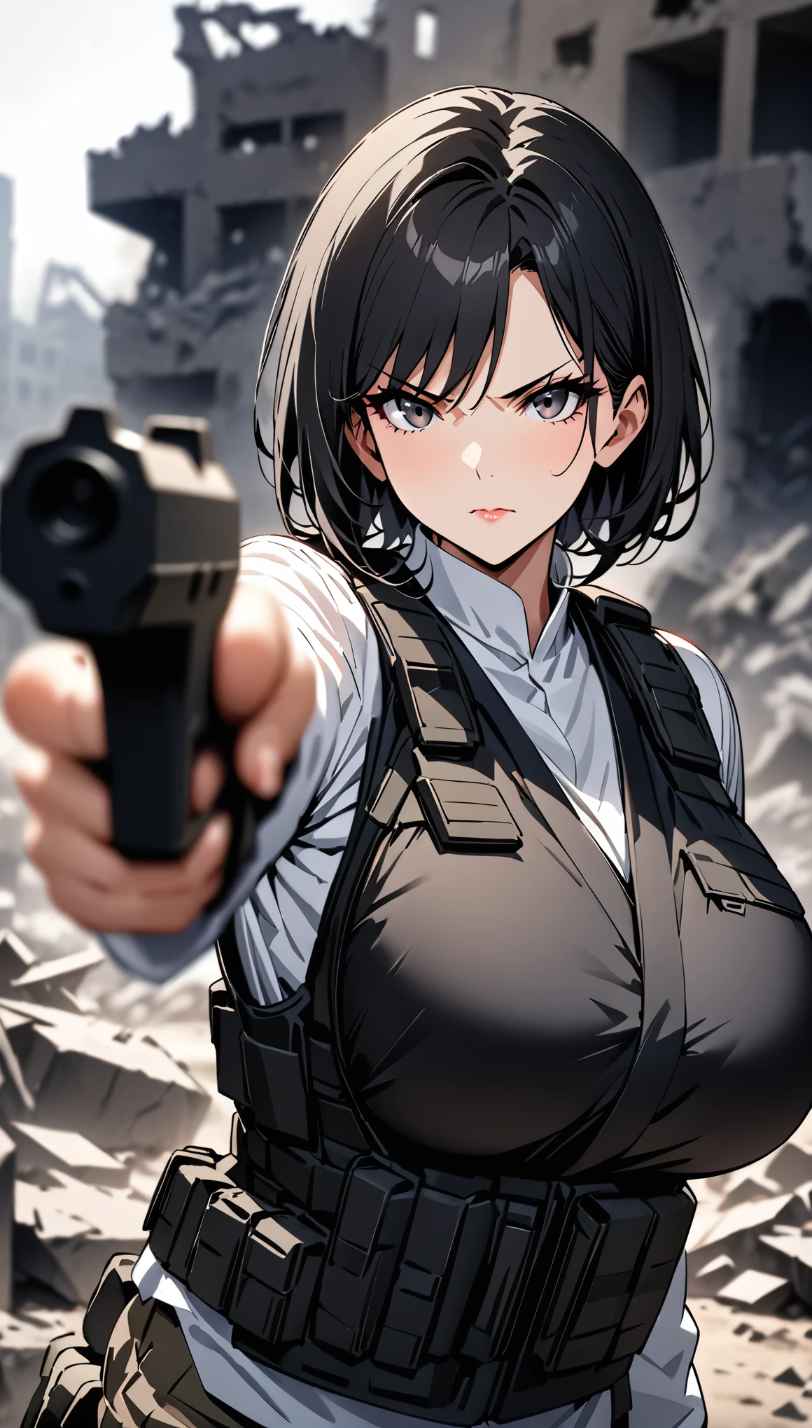 ((masterpiece)),((highest quality)),((High resolution)),((Very detailed)),One woman,48 years old,Mature Woman,Japanese,Black Hair,Short Bob,Beautiful Eyes,Long eyelashes,Beautiful Hair,Beautiful Skin,Serious,Large Breasts,BREAK(((pointing pistol))),Handgun,White shirt,black bulletproof vest, Combat Boots, Black Tactical Forster,Tactical Headset,(The background is the rubble of ruins),(((Background Blur)))