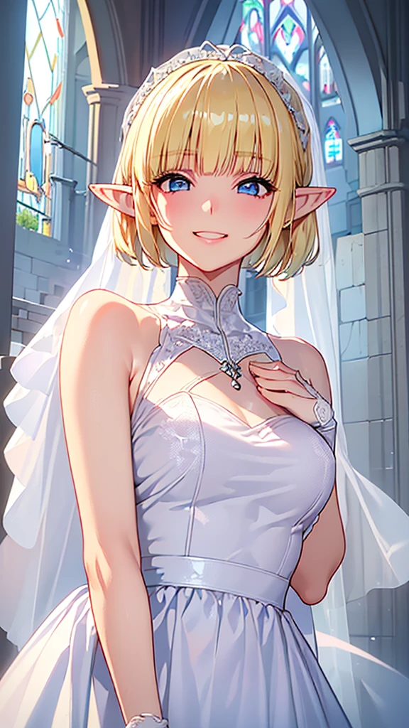 Very close、((Focus on the upper body))、16k、masterpiece、High resolution、High resolution、((1 young elven female))、((Beautiful blonde))、short hair、((Beautiful Blue Eyes))、((Pointy Ears))、Smiling Kindly、Grin、blush、Pink Lip Gloss、((Shiny skin))、((White Wedding Dress))、((church、Chapel))、look at me、((Offer your hand))