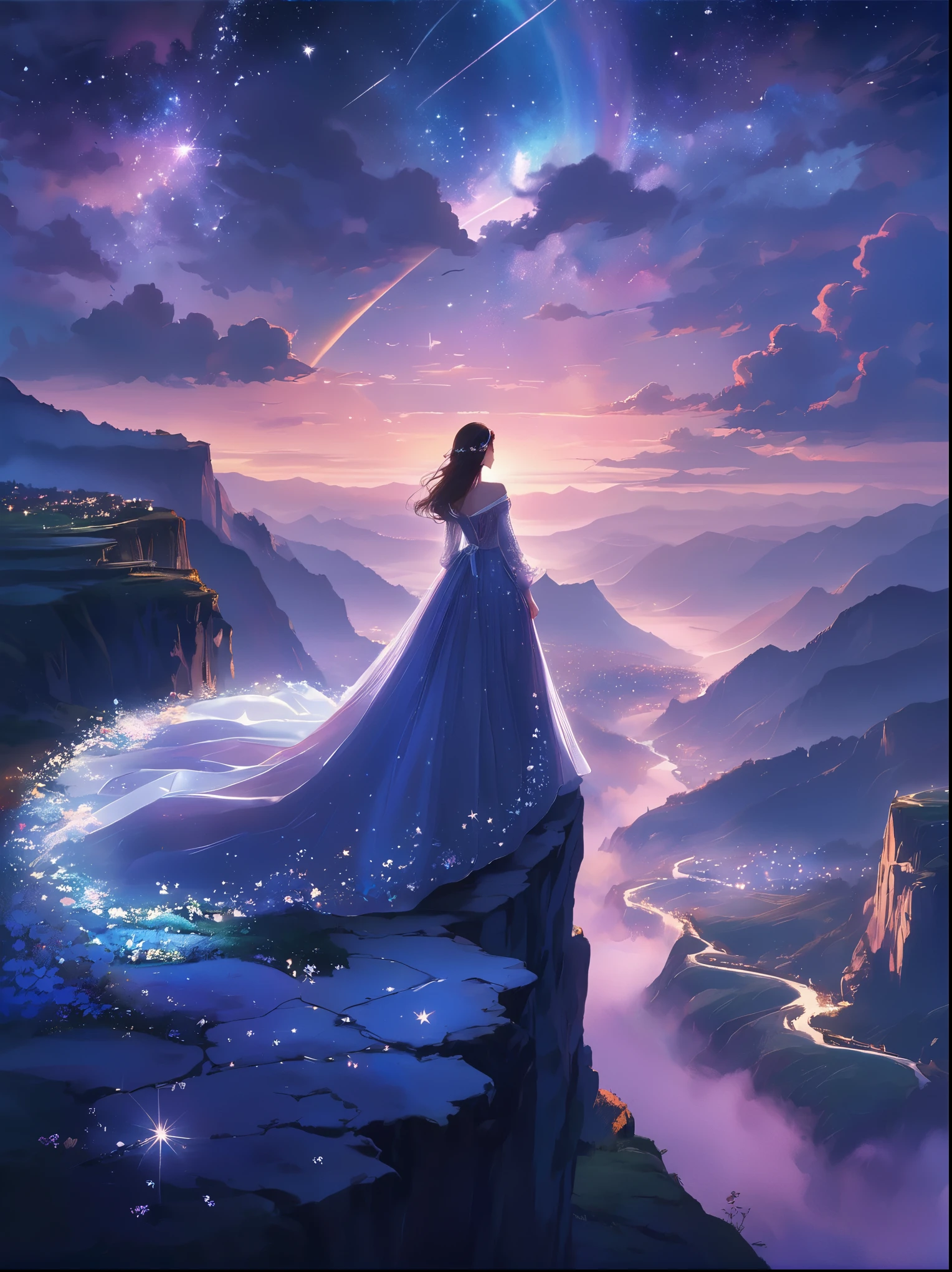 (从后面看)，一个男人站在悬崖上，在梦幻般的, 朦胧的风景，(女孩&#39;完美的背部)，(背对观众)，被宇宙能量漩涡包围，穿着飘逸长袍的人的背影，与天体气流融合，天空是一幅深紫色和蓝色的织锦，星光点缀，下面的景色隐约可见连绵起伏的山脉，这一幕宁静而崇高，捕捉宇宙的壮丽本质，一个沉思的身影敬畏地站着