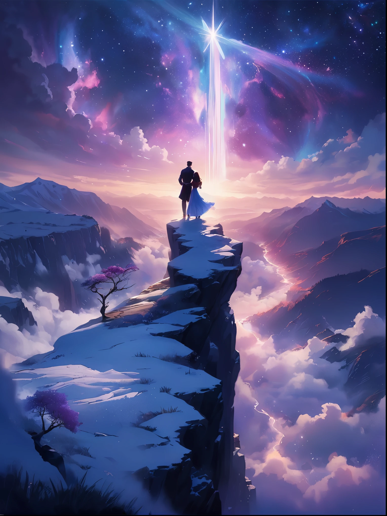 (後ろから見る)，崖の上に立つ男，夢のような中で, ぼんやりとした風景，(女の子&#39;完璧な背中)，(観客に背を向けて)，宇宙エネルギーの渦に囲まれて，ゆったりとしたローブをまとった人の後ろ姿，天流と融合する，空は深い紫と青のタペストリーです，星が点在，下の景色には、起伏のある山々がぼんやりと見える，この光景は平和で崇高だ，宇宙の雄大な自然を捉える，物思いにふける人物が畏敬の念を抱いて立っている