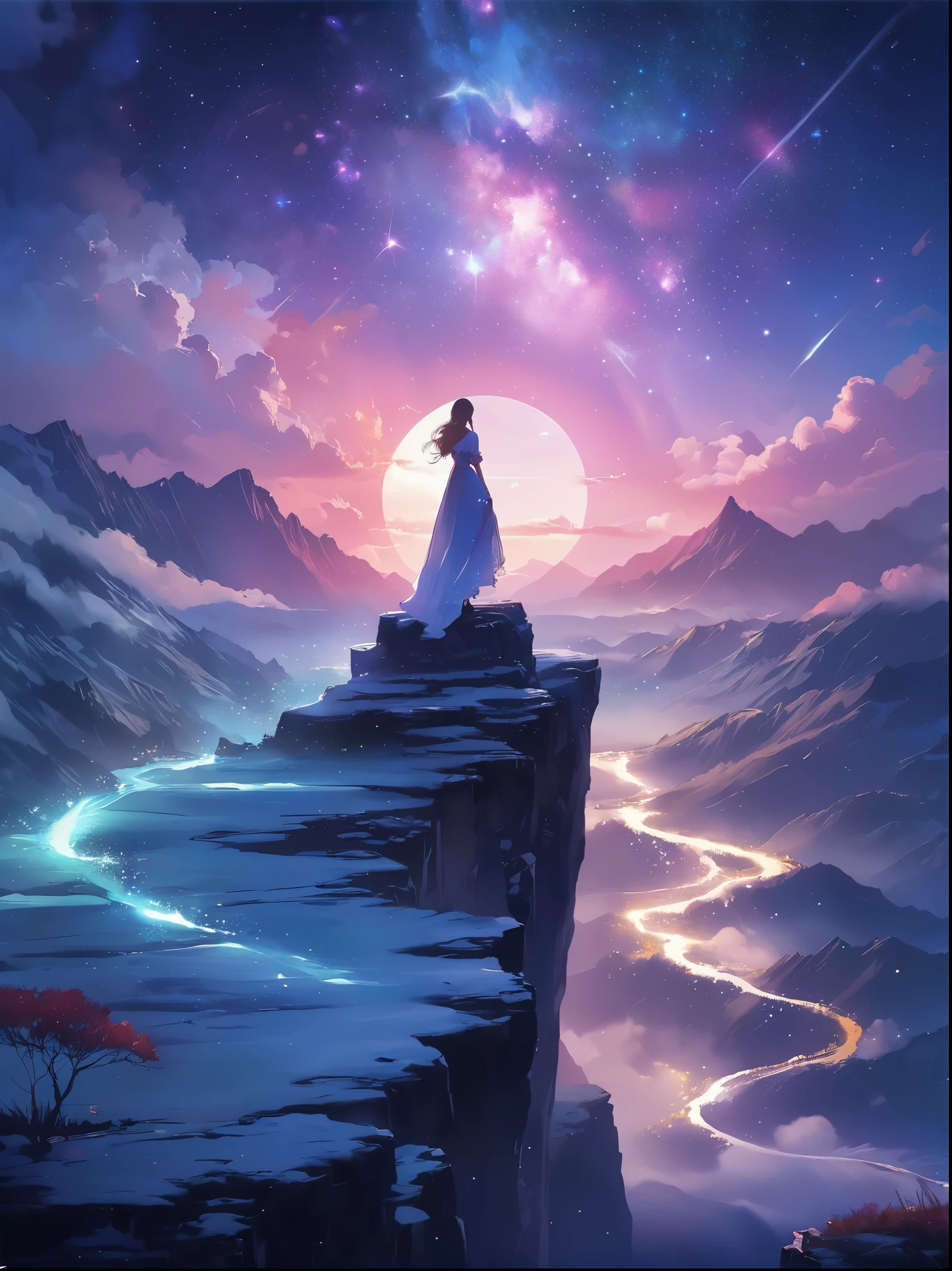 (後ろから見る)，崖の上に立つ男，夢のような中で, ぼんやりとした風景，(女の子&#39;完璧な背中)，(観客に背を向けて)，宇宙エネルギーの渦に囲まれて，ゆったりとしたローブをまとった人の後ろ姿，天流と融合する，空は深い紫と青のタペストリーです，星が点在，下の景色には、起伏のある山々がぼんやりと見える，この光景は平和で崇高だ，宇宙の雄大な自然を捉える，物思いにふける人物が畏敬の念を抱いて立っている
