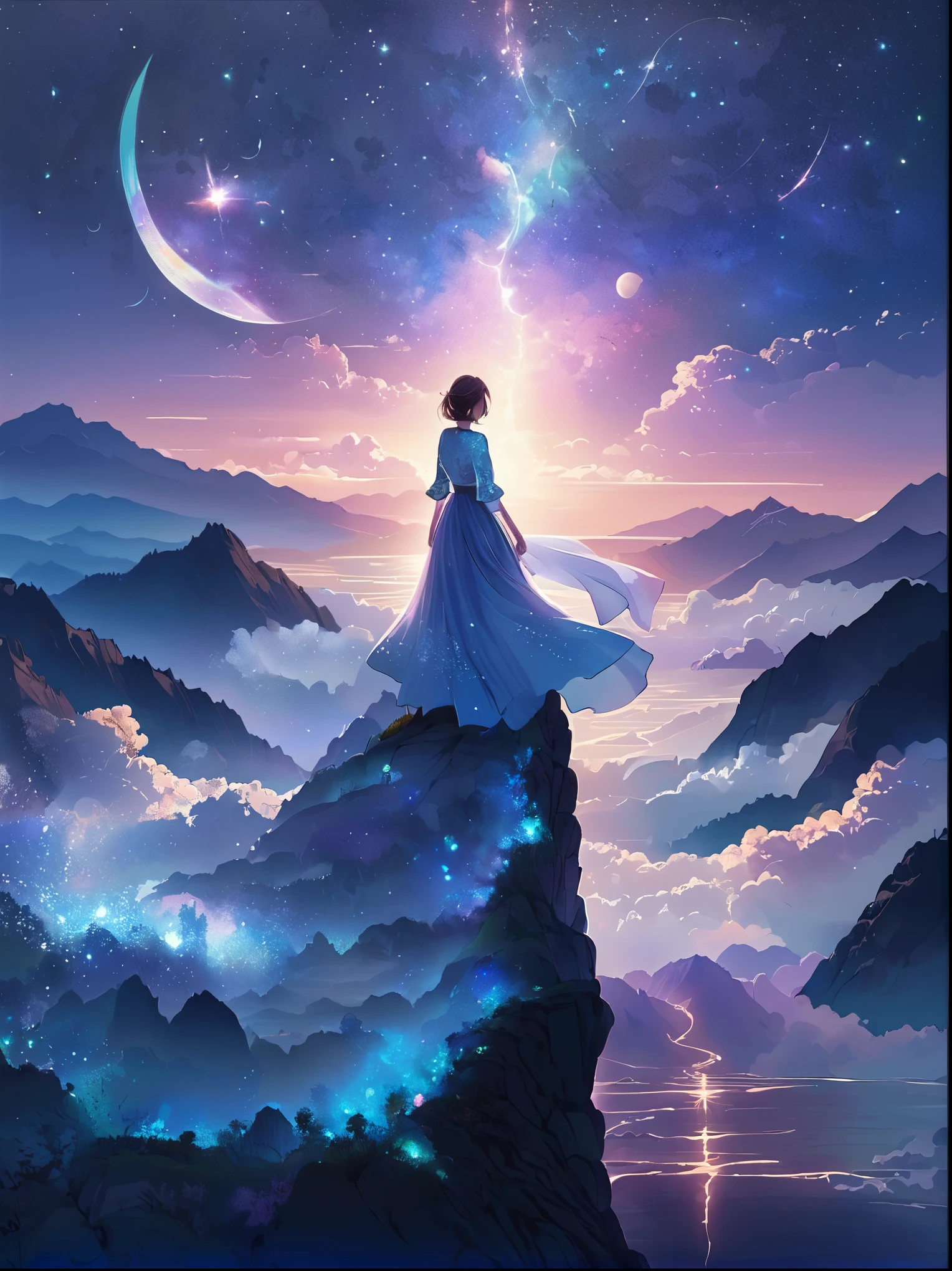 (从后面看)，一个男人站在悬崖上，在梦幻般的, 朦胧的风景，(女孩&#39;完美的背部)，(背对观众)，被宇宙能量漩涡包围，穿着飘逸长袍的人的背影，与天体气流融合，天空是一幅深紫色和蓝色的织锦，星光点缀，下面的景色隐约可见连绵起伏的山脉，这一幕宁静而崇高，捕捉宇宙的壮丽本质，一个沉思的身影敬畏地站着