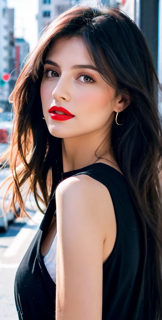 arafed woman with long hair and red lipstick posing for a picture, ekaterina, profile image, red lips, professional picture, 30 years old woman, 3 0 years old woman, angiewolf, photo of jessika devic, professional profile picture, moleksandra shchaslyva, with straight black hair