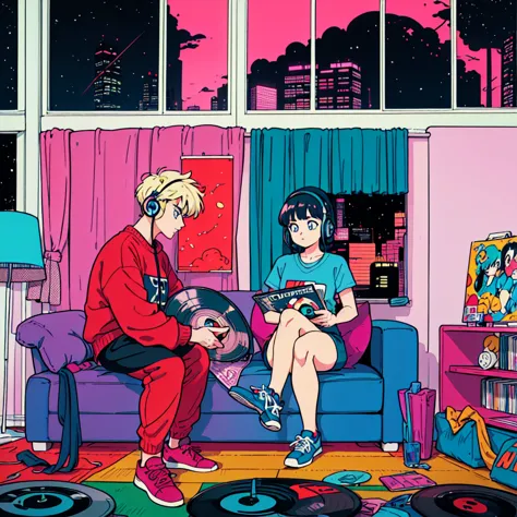 (masterpiece), highest quality, Expressive eyes, Neon pastel aesthetics, Retro 90s, Neon color,((Girl sitting on sofa,In a cozy ...