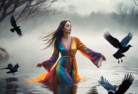 A beautiful woman in a colorful robe, bathing in a serene pond with crows surrounding her, mystical gribwind swirling in the bac...
