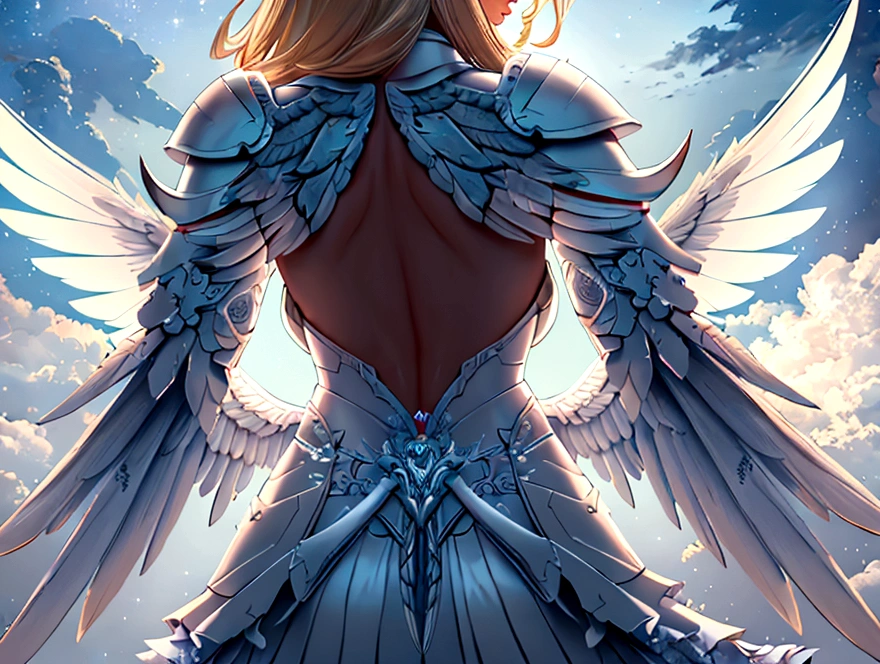 (a back view model shot taken from the rear: 1.5), female angel (Masterpiece, intense details: 1.3), paladin, holy warrior, short blond hair, determined face, full body, armed with sword, holy symbol, (wearing white armor: 1.3), (wings sprouting from the back: 1.3) spread large feathered wings, majestic wings, white angelic wings, moon light, moon, stars, clouds, cemetery background, anatomically correct (Masterpiece, intense details: 1.3), god rays, cinematic lighting, glowing light, photorealism, panoramic view, Wide-Angle, Ultra-Wide Angle, 16k, highres, best quality, high details, ultra detailed, masterpiece, best quality, (extremely detailed), arafed, dnd art, armored dress