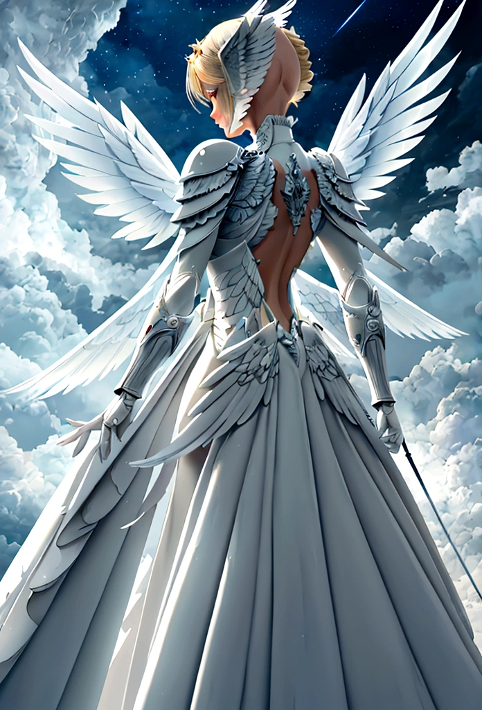 (a back view model shot taken from the back: 1.5), female angel (Masterpiece, intense details: 1.3), paladin, holy warrior, short blond hair, determined face, full body, armed with sword, holy symbol, (wearing white armor: 1.3), ((fully dressed: 1.5)), (wings sprouting from the back: 1.3) spread large feathered wings, majestic wings, white angelic wings, moon light, moon, stars, clouds, cemetery background, anatomically correct (Masterpiece, intense details: 1.3), god rays, cinematic lighting, glowing light, photorealism, panoramic view, Wide-Angle, Ultra-Wide Angle, 16k, highres, best quality, high details, ultra detailed, masterpiece, best quality, (extremely detailed), arafed, dnd art, armored dress