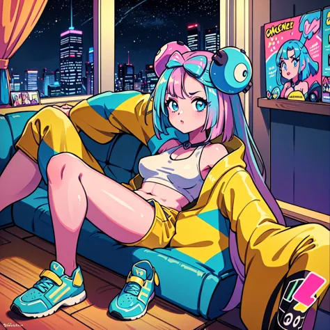 (masterpiece), highest quality, Expressive eyes, Neon pastel aesthetics, Retro 90s, Neon color,((Girl sitting on sofa,In a cozy ...