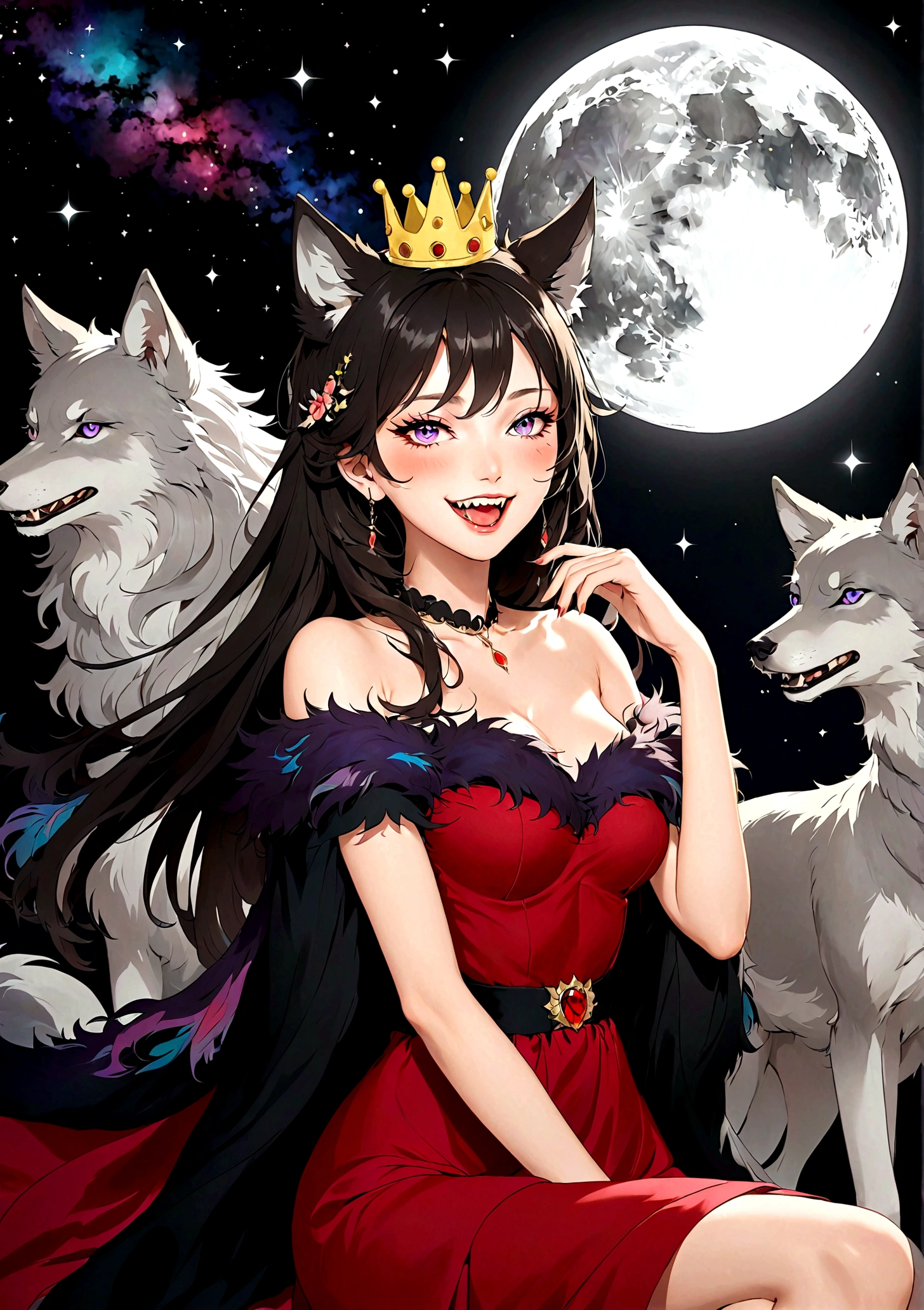 Vector，flat，A beautiful illustration：Beautiful girl sitting elegantly，(((She has a beauty spot:1.37)))，Purple Eyes，Delicate lashes，laughing out loud，Fangs，Smooth skin，Long black hair，Wolf ears， Small Crown，Red dress with fur collar，Long legs，Fierce gray wolf background。Correct human anatomy，moonlight，space