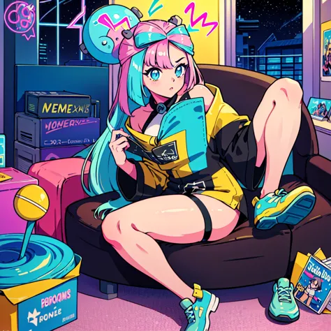 (masterpiece), highest quality, Expressive eyes, Neon pastel aesthetics, Retro 90s, Neon color,((Girl sitting on sofa,In a cozy ...