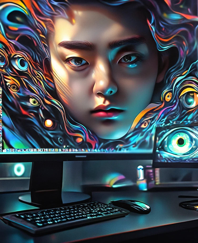 a man with wide eyes, intricate details of face and eyes, sitting in front of a computer, dramatic lighting, digital art, cinematic, vibrant colors, 8k, high quality, cinematic lighting, hyper realistic, photorealistic, masterpiece, concept art, digital painting