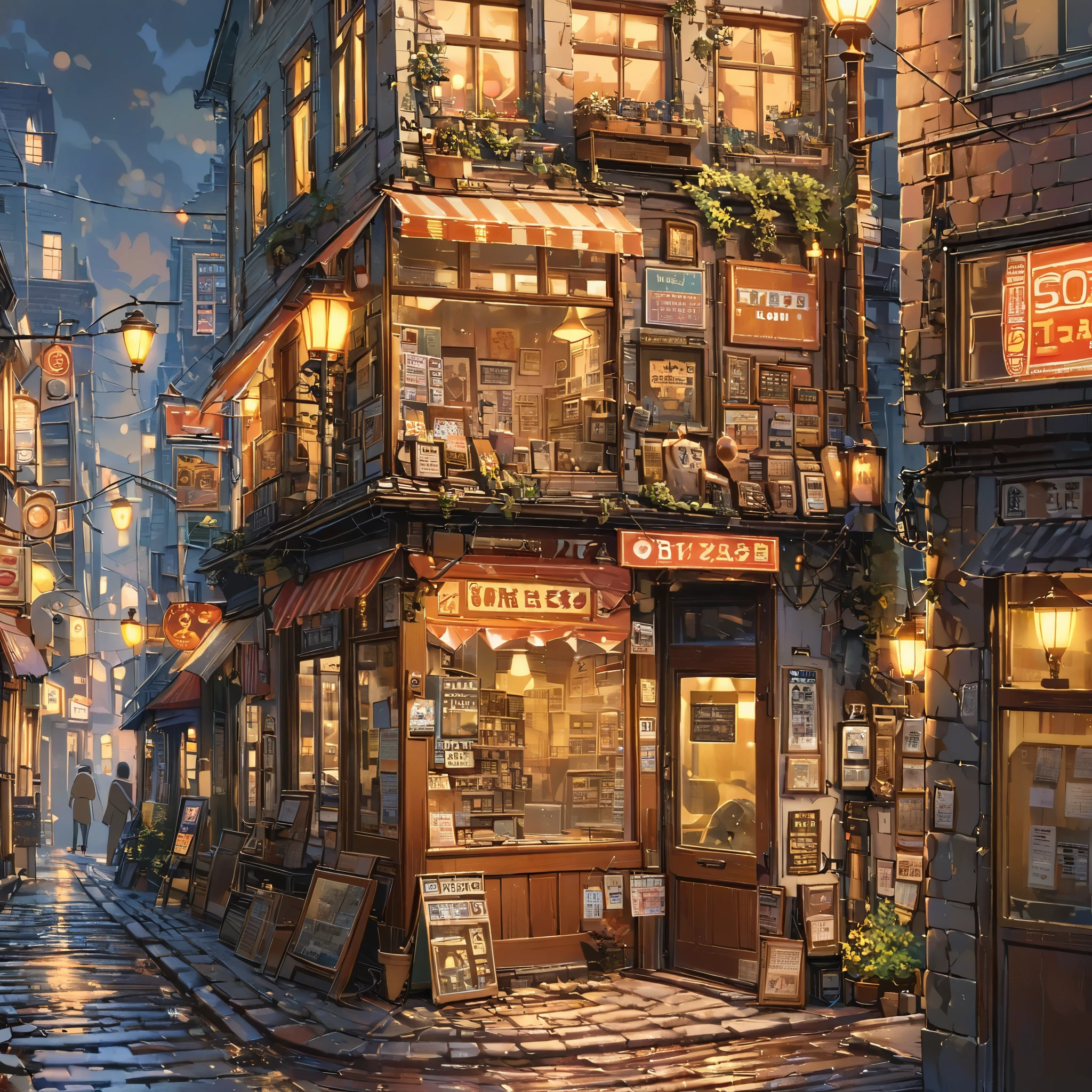 ((anime:1.4,illustration)),(masterpiece, top quality, best quality),(ultra-detailed, absolutely resolution),((16k, high res)), (((retro street scene, depict a nostalgic cityscape from the 1950s, featuring cobblestone streets and vintage buildings, the architecture include brick and stone facades, with charming storefronts displaying period-specific signage and window displays, elements like old-fashioned lampposts, ))), ((anime:1.4, illustration)),(masterpiece, top quality, best quality),(ultra-detailed, absolutely resolution),((16k, high res)) BREAK {lofi art, style of Laurie Greasley, style of Makoto Shinkai, anime aesthetic}, BREAK { (produces images with information than 40 million pixels with cinematic-like detailed textures shot on a Sony SLR).}