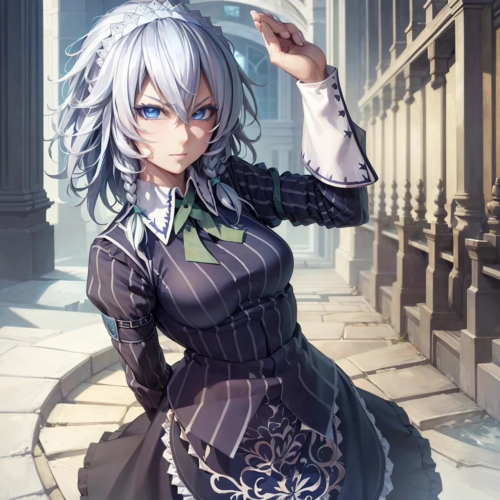 1 chica, solo, Sakuya izayoi, Cabello plateado, vestido de sirvienta, Delantal blanco, falda muy corta, pose sexy,, Atuendo sin mangas, cara detallada, ojos detallados, ojos azules frescos, grandes cintas verdes, traje azul, senos pequeños a medianos, pelo blanco, chica con pajarita, diadema de sirvienta blanca, Parte superior del cuerpo, de cerca