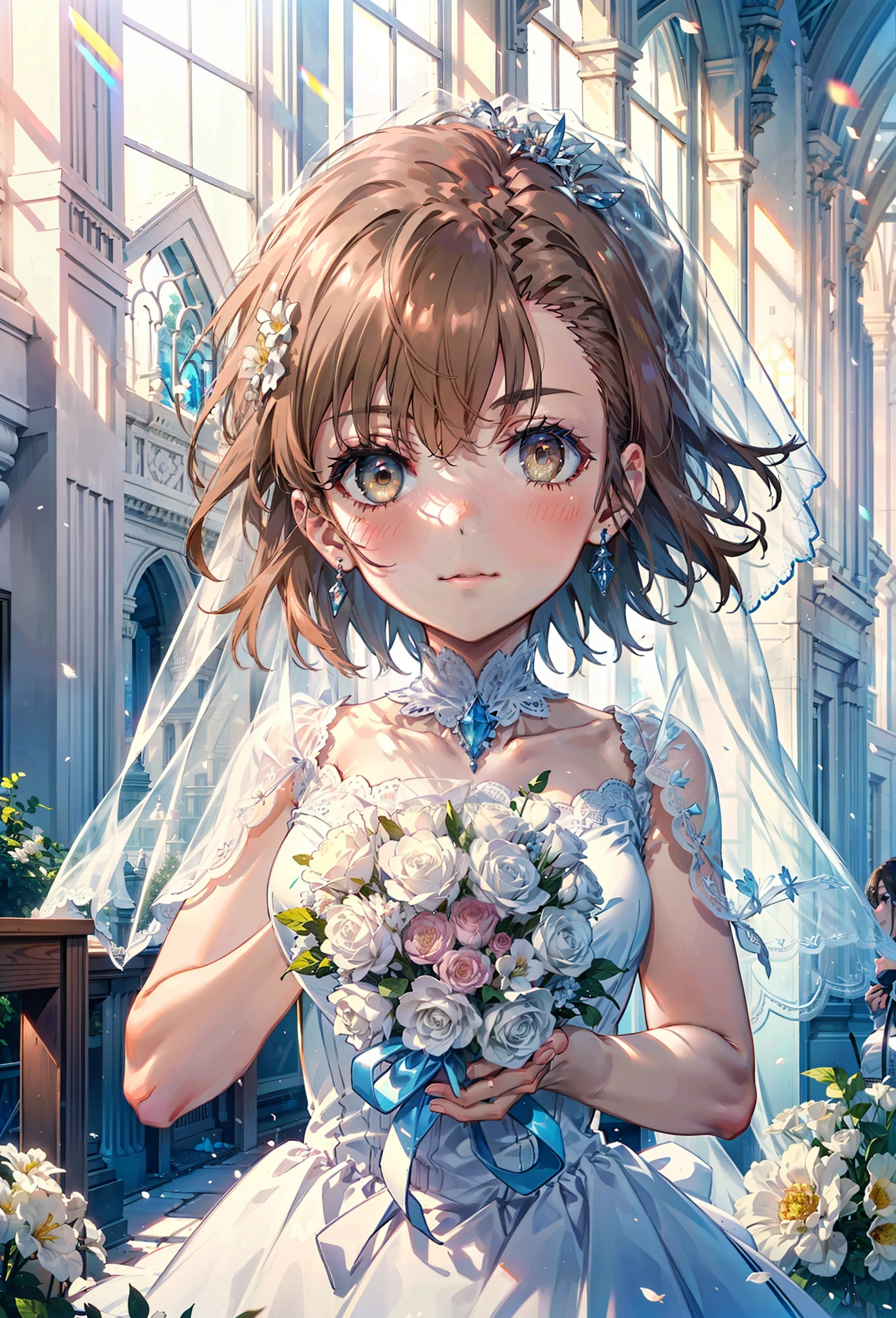 8k,highest quality,masterpiece,(((Pixel Perfect, Perfect in every detail))), alone, 1 girl, ,Mycotrose, Brown eyes,Brown Hair,short hair,Open your mouth,smile,blush,Flower Hair Ornaments,Veil,Wedding dress,Wedding Skirts,holding a bouquet with both hands,Flower Storm, break indoors, Chapel,Association, break looking at viewer, whole body,(Cowboy Shot:1. 5) , break (masterpiece:1.2), highest quality, High resolution, unity 8k wallpaper, (shape:0.8), (Beautiful details:1.6), Highly detailed face, Perfect lightでg, Highly detailed CG, (Perfect hands, Perfect Anatomy),