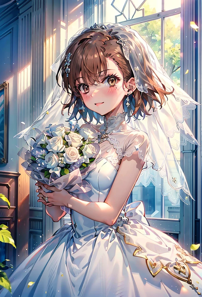 8k,highest quality,masterpiece,(((Pixel Perfect, Perfect in every detail))), alone, 1 girl, ,Mycotrose, Brown eyes,Brown Hair,short hair,Open your mouth,smile,blush,Flower Hair Ornaments,Veil,Wedding dress,Wedding Skirts,holding a bouquet with both hands,Flower Storm, break indoors, Chapel,Association, break looking at viewer, whole body,(Cowboy Shot:1. 5) , break (masterpiece:1.2), highest quality, High resolution, unity 8k wallpaper, (shape:0.8), (Beautiful details:1.6), Highly detailed face, Perfect lightでg, Highly detailed CG, (Perfect hands, Perfect Anatomy),