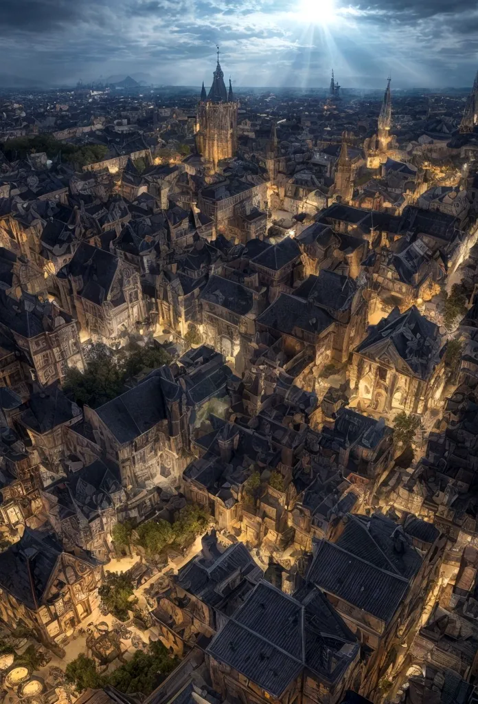 a view of fantasy medieval city, taken from the top of church of , at night, the shot taken while standing behind the statue of ...