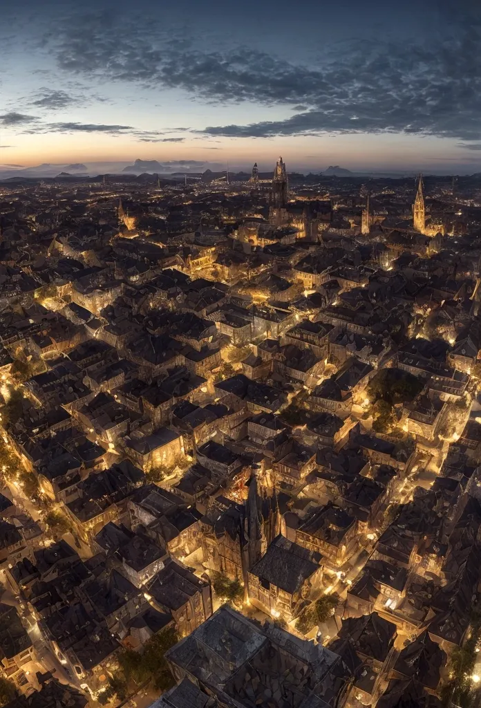 a view of fantasy medieval city, taken from the top of church of , at night, the shot taken while standing behind the statue of ...