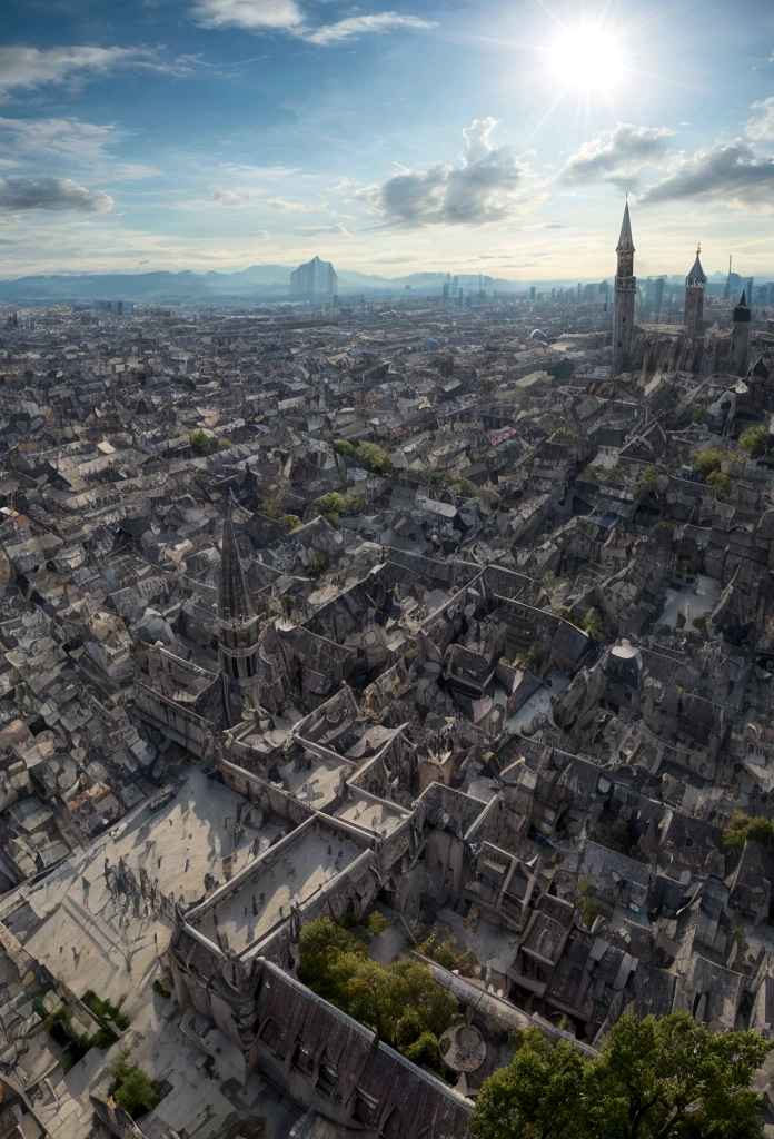 a view of fantasy medieval city, taken from the top of church of , at night, the shot taken while standing behind the statue of a gargoyle on the roof, 16K, ultra detailed, masterpiece, best quality, (extremely detailed), arafed, dnd art, god rays, cinematic lighting, glowing light, silhouette, from outside, photorealism, panoramic view (Masterpiece, intense details: 1.5) , Wide-Angle, Ultra-Wide Angle, aetherpunkai