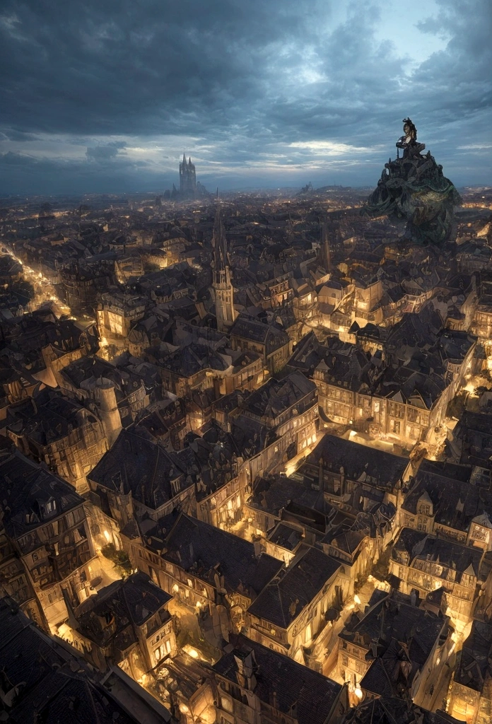 a view of fantasy medieval city, taken from the top of church of , at night, the shot taken while standing behind the statue of a gargoyle on the roof, 16K, ultra detailed, masterpiece, best quality, (extremely detailed), arafed, dnd art, god rays, cinematic lighting, glowing light, silhouette, from outside, photorealism, panoramic view (Masterpiece, intense details: 1.5) , Wide-Angle, Ultra-Wide Angle, aetherpunkai