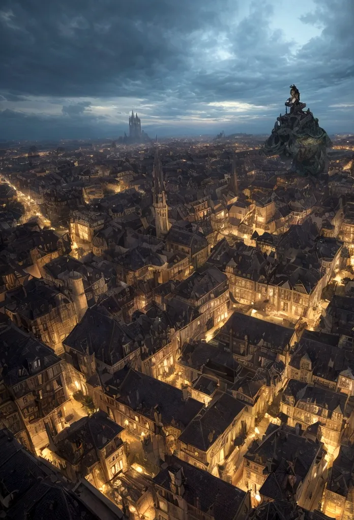 a view of fantasy medieval city, taken from the top of church of , at night, the shot taken while standing behind the statue of ...