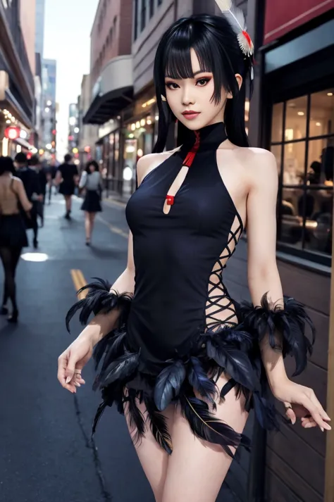 female tengu, mini dress, feather skirt, fit and flare, high neck, downtown, beautiful