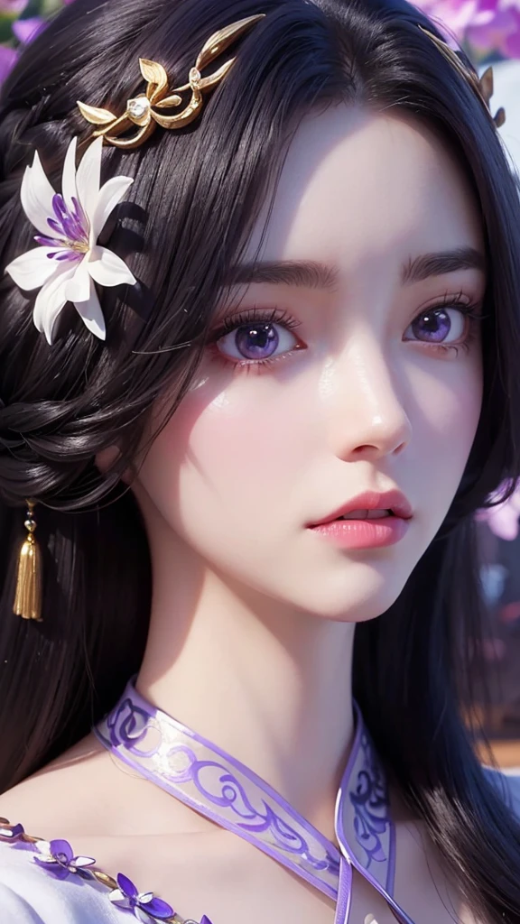 a close up of a woman in a white dress with purple flowers, a beautiful fantasy empress, japanese goddess, 8k high quality detailed art, palace ， a girl in hanfu, trending on cgstation, pale milky white porcelain skin, beautiful alluring anime woman, white haired deity, ((a beautiful fantasy empress)), asian hyperdetailed, inspired by Lan Ying