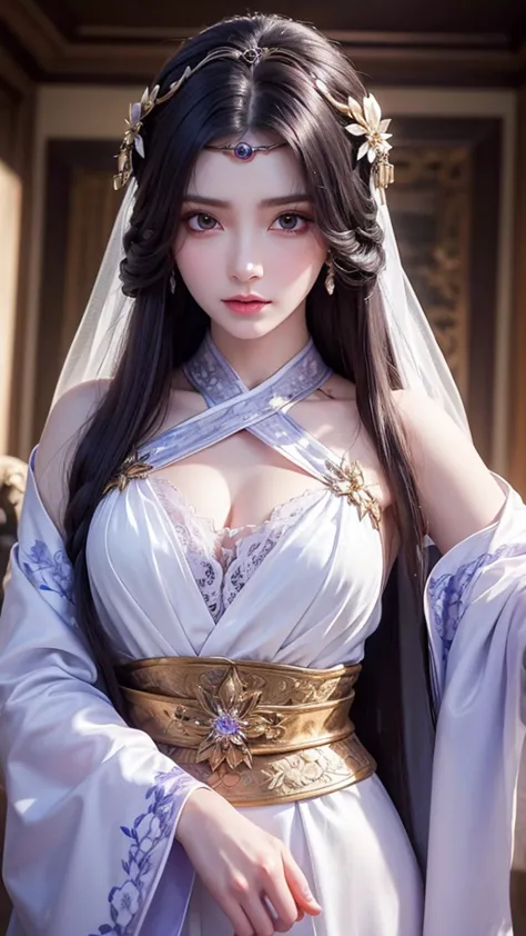 a close up of a woman in a white dress with purple flowers, a beautiful fantasy empress, japanese goddess, 8k high quality detai...