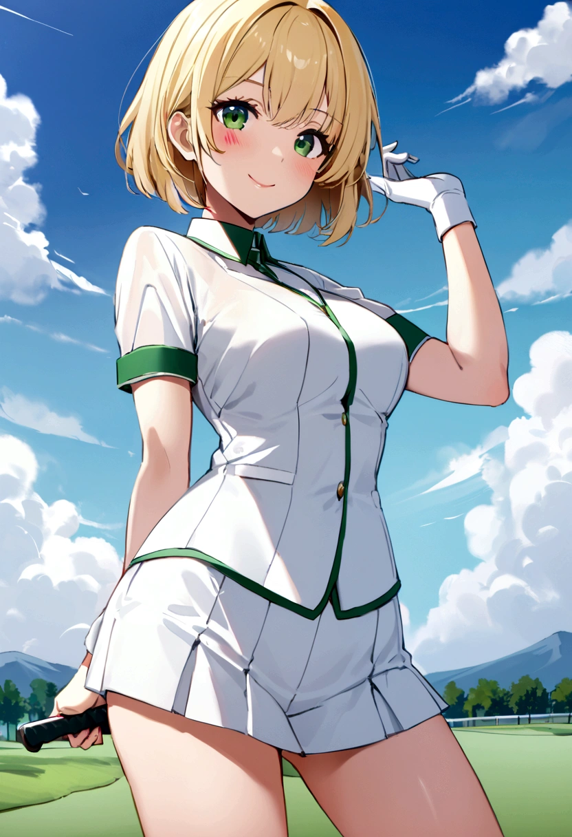 sound　high resolution　8k beauty　Woman playing golf　Golf course　Beautiful woman　short hair　Blonde　White　Golf Wear　mini skirt　smile　　looking at the camera　Sunburn mark　　victory　tall