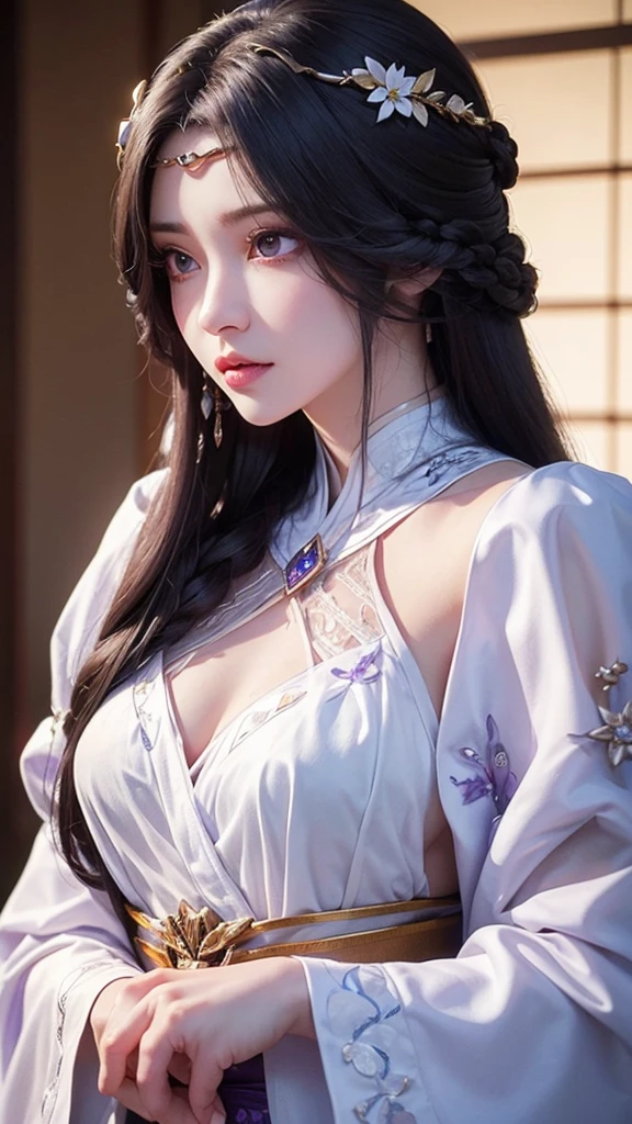 a close up of a woman in a white dress with purple flowers, a beautiful fantasy empress, japanese goddess, 8k high quality detailed art, palace ， a girl in hanfu, trending on cgstation, pale milky white porcelain skin, beautiful alluring anime woman, white haired deity, ((a beautiful fantasy empress)), asian hyperdetailed, inspired by Lan Ying