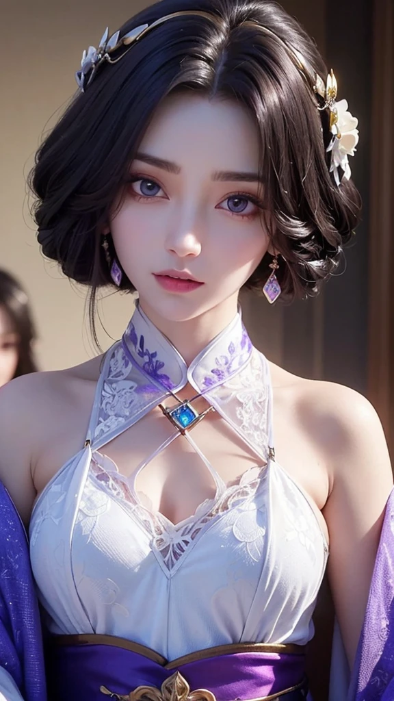 a close up of a woman in a white dress with purple flowers, a beautiful fantasy empress, japanese goddess, 8k high quality detailed art, palace ， a girl in hanfu, trending on cgstation, pale milky white porcelain skin, beautiful alluring anime woman, white haired deity, ((a beautiful fantasy empress)), asian hyperdetailed, inspired by Lan Ying