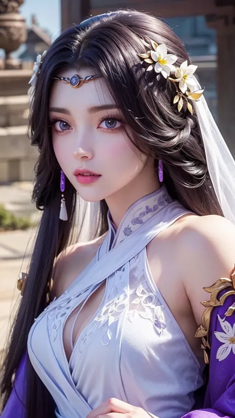 a close up of a woman in a white dress with purple flowers, a beautiful fantasy empress, japanese goddess, 8k high quality detai...