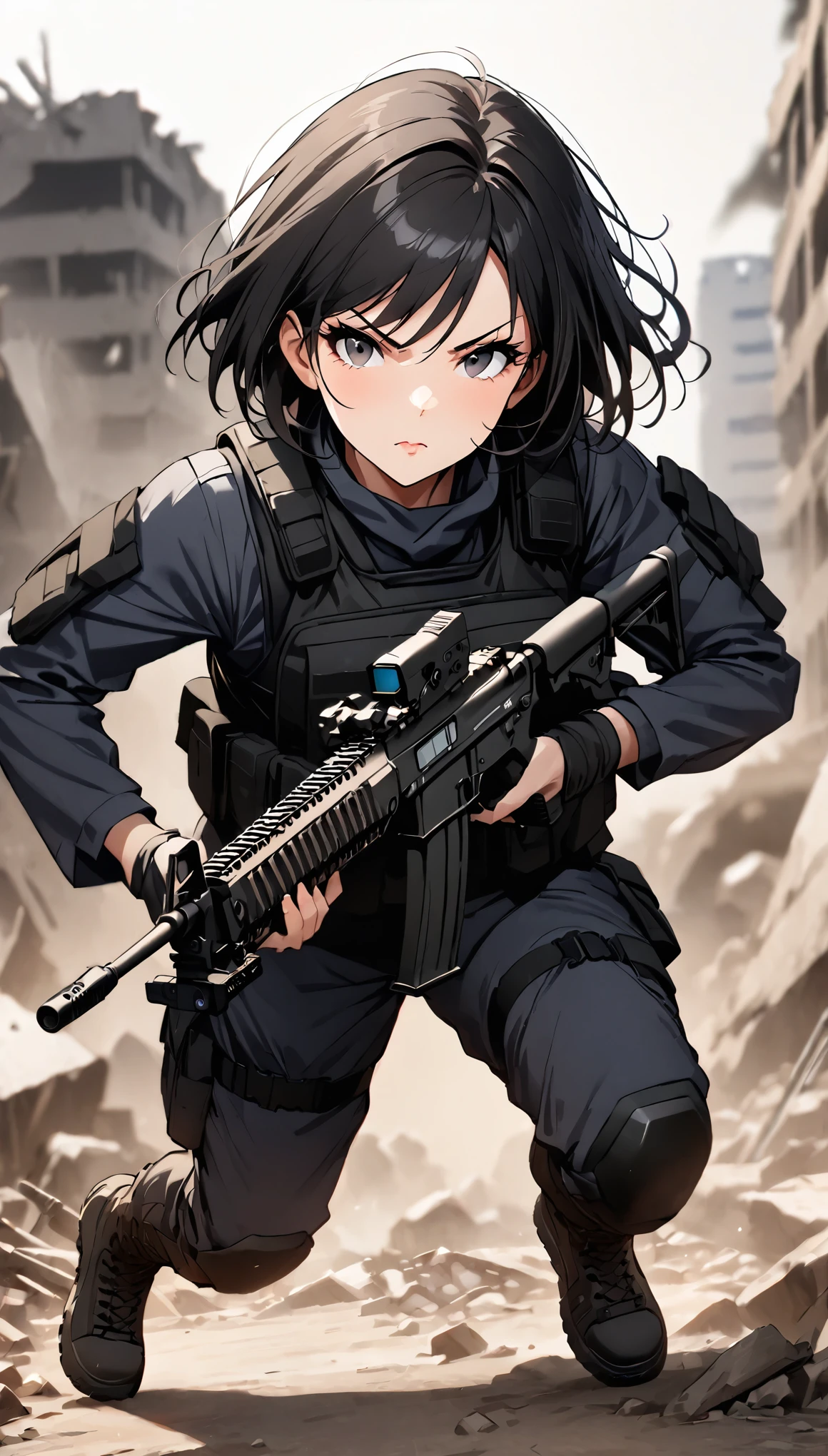 (masterpiece),(highest quality),(High resolution),(Very detailed),One woman,48 years old,Mature Woman,Japanese,Black Hair,Short Bob,Beautiful Eyes,Long eyelashes,Beautiful Hair,Beautiful Skin,Serious,BREAK(((Gunfight))),(Dynamic Movement),((submachine gun)),SWAT Uniforms,black bulletproof vest, Combat Boots, Black Tactical Forster,Tactical Headset,(The background is the rubble of ruins),(((Background Blur)))