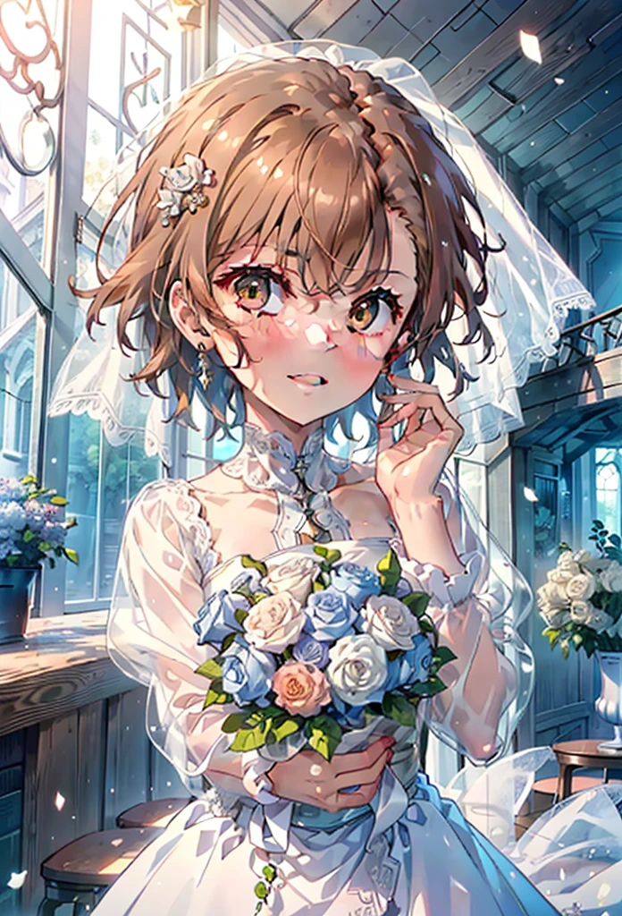 8k,highest quality,masterpiece,(((Pixel Perfect, Perfect in every detail))), alone, 1 girl, ,Mycotrose, Brown eyes,Brown Hair,short hair,Open your mouth,smile,blush,Flower Hair Ornaments,Veil,Wedding dress,Wedding Skirts,Holding a large bouquet in both hands,Flower Storm, break indoors, Chapel,Association, break looking at viewer, whole body,(Cowboy Shot:1. 5) , break (masterpiece:1.2), highest quality, High resolution, unity 8k wallpaper, (shape:0.8), (Beautiful details:1.6), Highly detailed face, Perfect lightでg, Highly detailed CG, (Perfect hands, Perfect Anatomy),