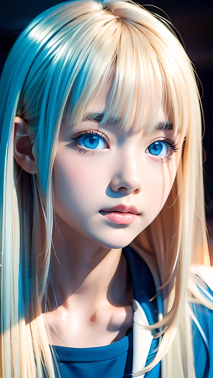 1 person、A very pretty and cute blonde girl、Super long blonde hair, Beautiful and cute 、Beautiful messy bangs、Very beautiful small face beauty、Bright expression、Beautiful big bright blue eyes, Bright and dazzling platinum blonde、Super long silky straight hair、Eyes and、Bangs between the eyes、、、Textured white skin, High detail, Best Quality, 4k high resolution、Glowing Skin、Round face