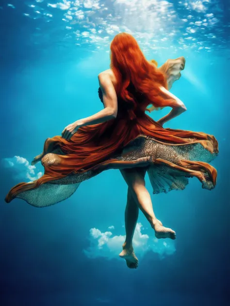 underwaterstyle, partially submerged 56yo woman, long red hair floating in the water, ((best quality)), ((masterpiece)), (detail...