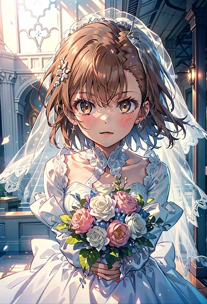 8k,highest quality,masterpiece,(((Pixel Perfect, Perfect in every detail))), alone, 1 girl, ,Mycotrose, Brown eyes,Brown Hair,short hair,Open your mouth,smile,blush,Flower Hair Ornaments,Veil,Wedding dress,Wedding Skirts,Holding a large bouquet in both hands,Flower Storm, break indoors, Chapel,Association, break looking at viewer, whole body,(Cowboy Shot:1. 5) , break (masterpiece:1.2), highest quality, High resolution, unity 8k wallpaper, (shape:0.8), (Beautiful details:1.6), Highly detailed face, Perfect lightでg, Highly detailed CG, (Perfect hands, Perfect Anatomy),