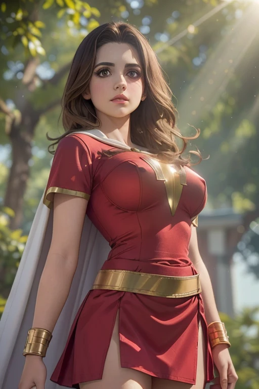 (ultra realistic,32k, masterpiece:1.2),(high detailed skin:1.1),( 8k uhd, dslr, high quality:1.1), Laura Marano,
Laura Marano as mary marvel, brown hair, long hair, white cape, red dress, red skirt, short sleeves, bracer , (huge breast:0.9), (looking at viewer, standing, from below:1.1),,,(dense light rays:1.1),blank background