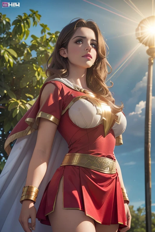 (Ultra réaliste,32k, chef-d&#39;œuvre:1.2),(Peau très détaillée:1.1),( 8k euh, Reflex numérique, Haute qualité:1.1), Laura Marano,
Laura Marano dans le rôle de Mary Marvel, cheveux bruns, cheveux longs, cape blanche, robe rouge, jupe rouge, manches courtes, entretoise , (énorme poitrine:0.9), (regarder le spectateur, debout, par le bas:1.1),,,(rayons lumineux denses:1.1),fond blanc